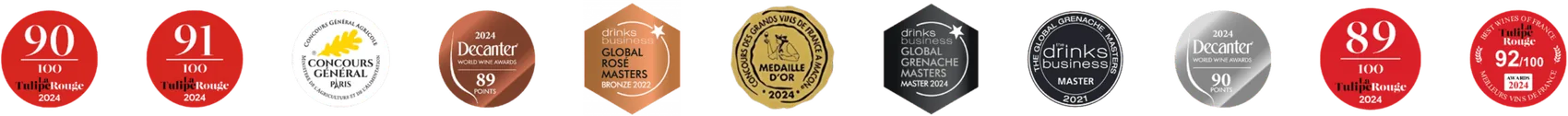 Distinctions obtenues par les vins du domaine : Decanter, Concours Général Agricole, Global Rosé Masters, Global Grenache Masters, Drinks Business